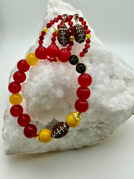 Red & Gold Football Bracelet/Earrings Set