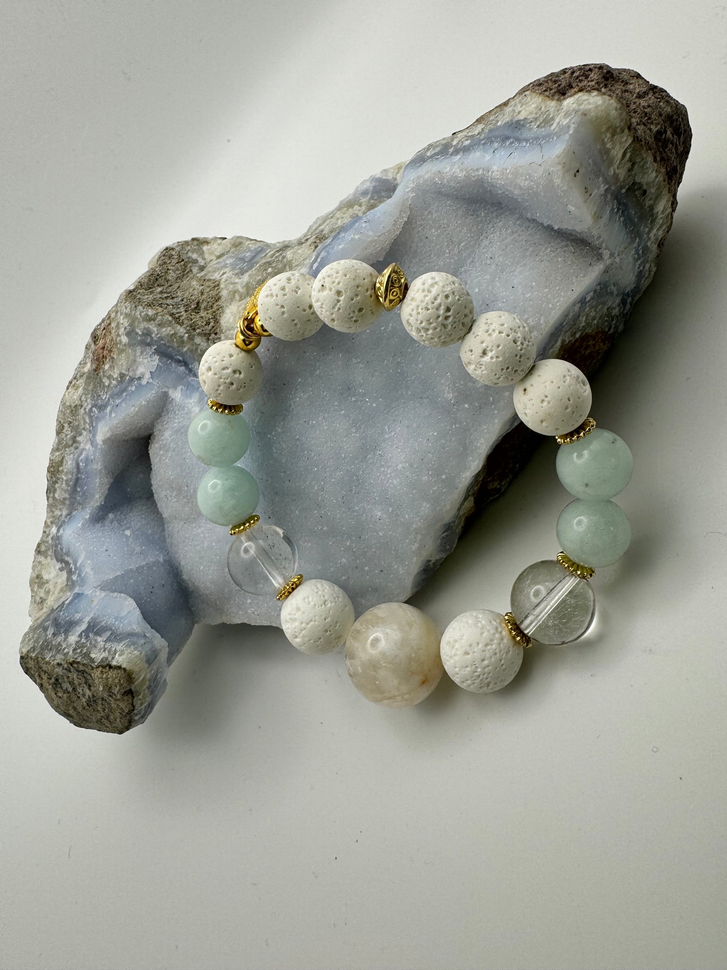 White Lava Adorned with Light Green and Clear Beads